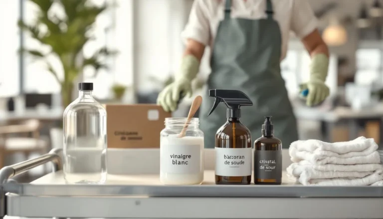 Chariot de nettoyage avec produits naturels (vinaigre, bicarbonate, savon noir) dans un bureau lumineux