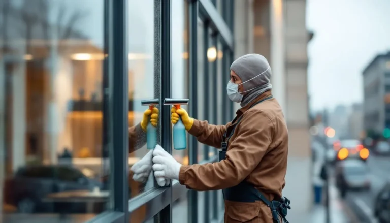 Professionnel nettoyant une façade vitrée par temps couvert, raclette et microfibre