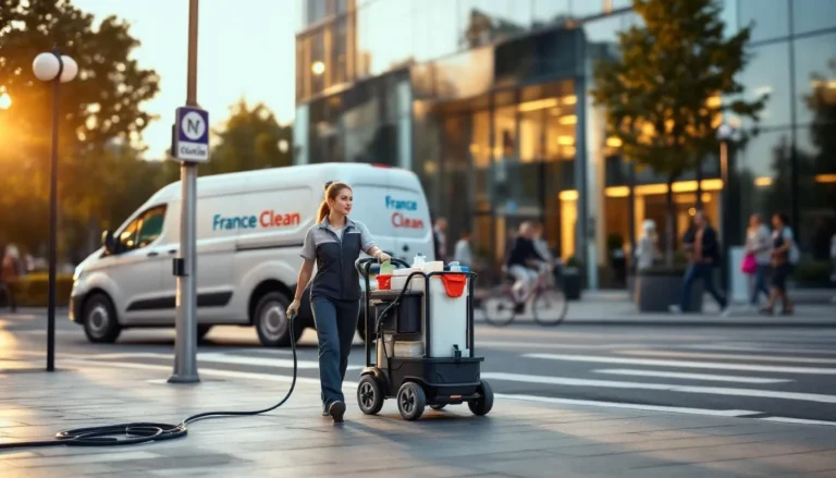 Équipe France Clean réalisant un nettoyage écologique devant un immeuble de bureaux, chariot avec produits écolabellisés et véhicule électrique