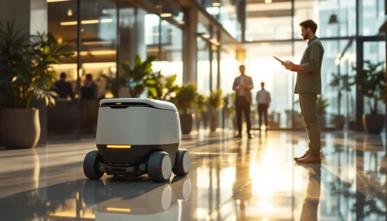 Robot de nettoyage autonome dans un hall de bureaux, technicien France Clean en supervision