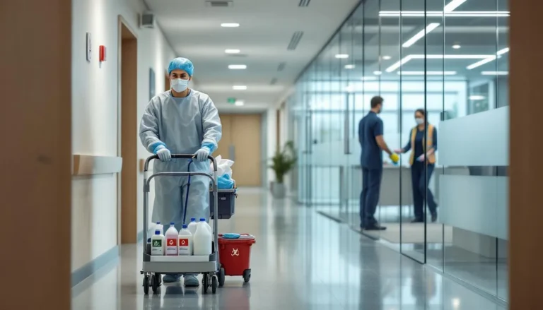 ASH en bionettoyage dans un couloir d’hôpital et agent de propreté en bureaux, vue panoramique
