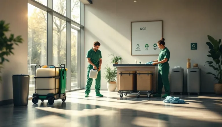 Économie circulaire dans le nettoyage : équipe en intervention avec contenants rechargeables et tri sélectif dans un hall de bureaux