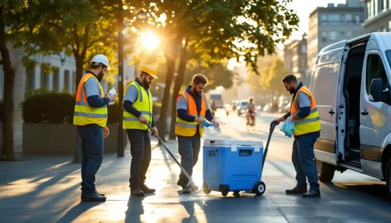 Équipe de nettoyage en intervention tôt le matin avec glacière et bouteilles d'eau, préparation anti-canicule