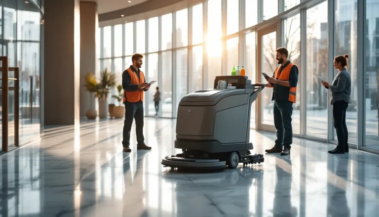 Agents de nettoyage et autolaveuse dans le hall d’un immeuble, illustration pénurie de main-d’œuvre 2026