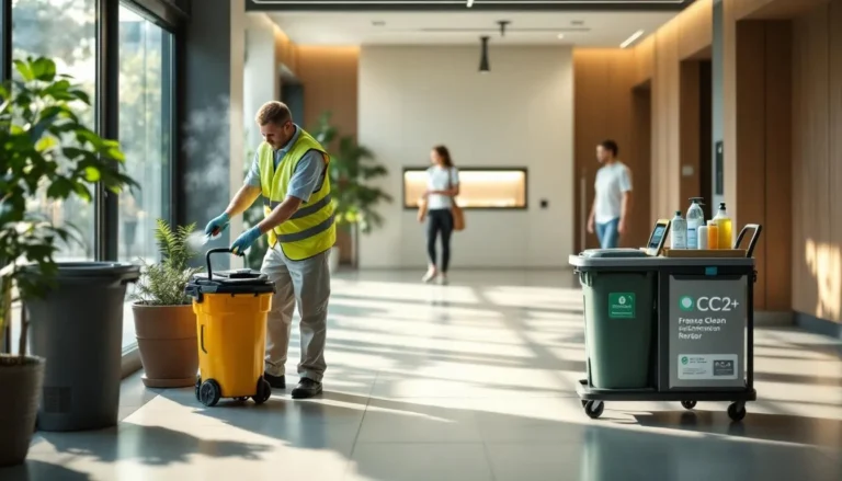 Technicien nettoyant France Clean traitant les odeurs dans le hall d’un bureau, local poubelles et ventilation visibles