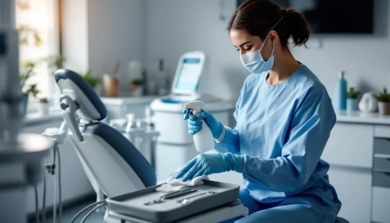 Agent de nettoyage désinfectant un fauteuil dentaire pendant le bionettoyage