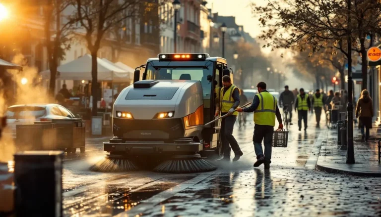Balayeuse aspiratrice en intervention sur une place urbaine, agents en gilets haute visibilité