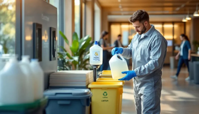 Technicien de nettoyage remplissant un contenant rechargeable dans un hall de bureau, bidons et bacs de recyclage visibles