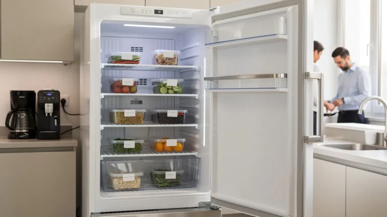 Réfrigérateur de bureau propre et rangé dans une cuisine d’entreprise
