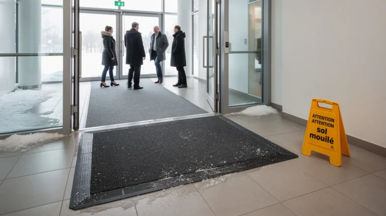 Hall d’entrée en hiver avec tapis barrières, signalisation de sol mouillant et sol protégé